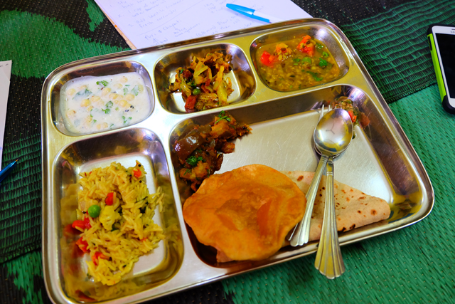 Our meal at a cooking lesson in Orchha, India on a metal platter