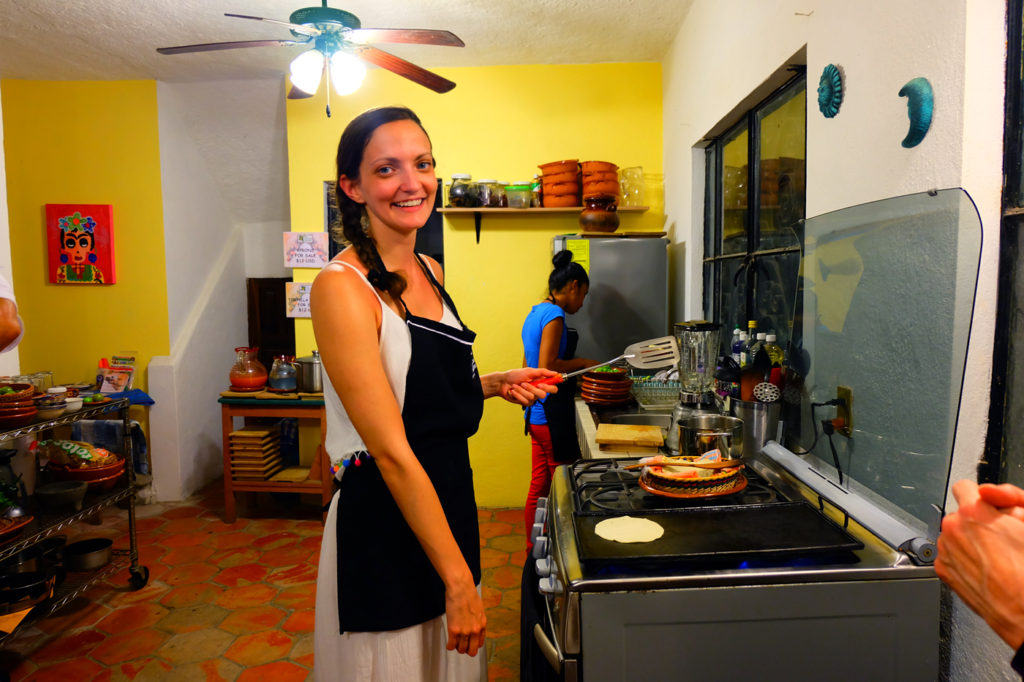 Lauren cooking tortillas in My Mexican Kitchen in Mexico