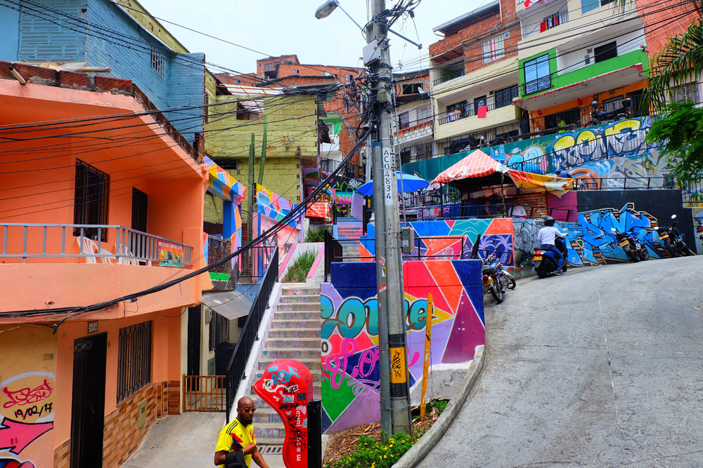 Comuna 13 with colourful street art in Medellin, Colombia.
