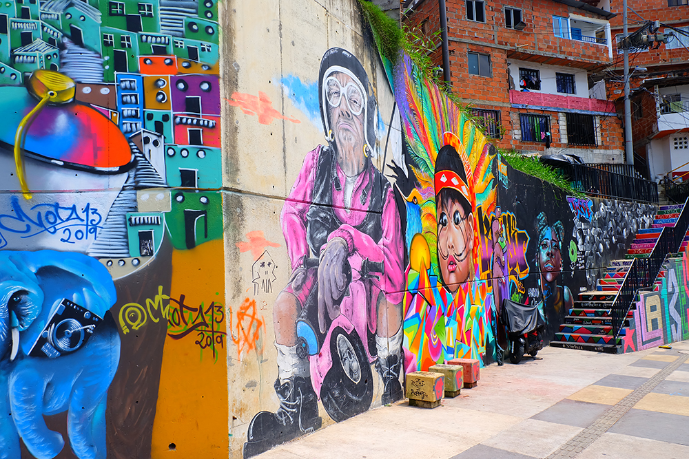 Colourful street art in Comuna 13 in Medellin, Colombia.