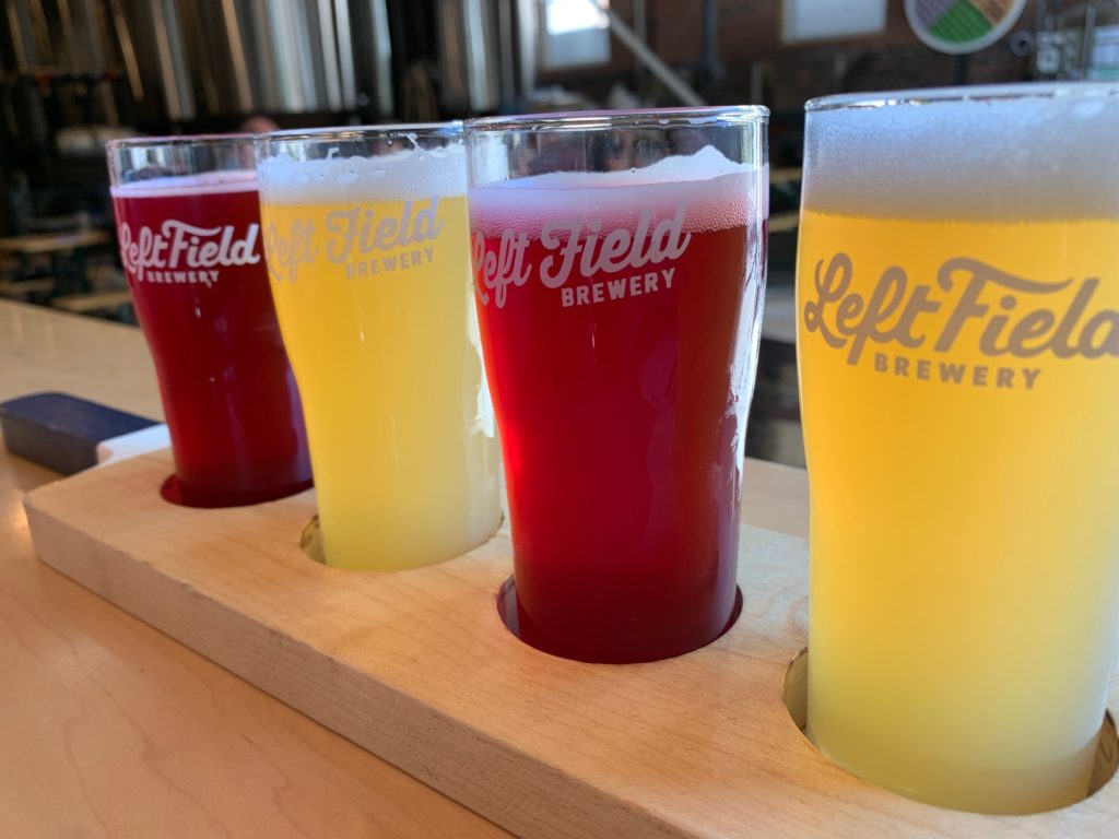 A line-up of beers on a flight in Toronto at Left Field Brewery.