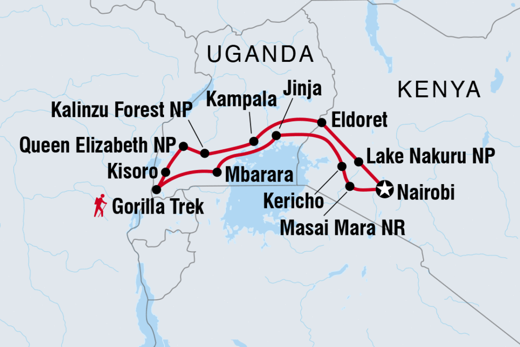 A map of an East Africa travel route.