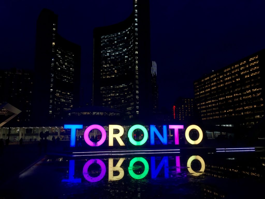 Lit up Toronto sign in Nathan Phillips Square