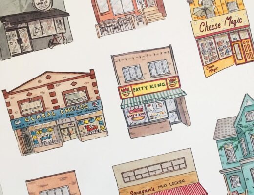 Handpainted illustrations of local Canadian businesses in Toronto.