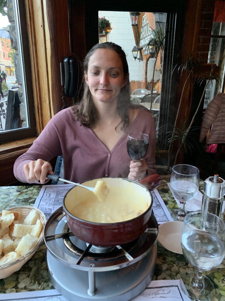 Eating fondue at Grizzly House in Banff, Canada